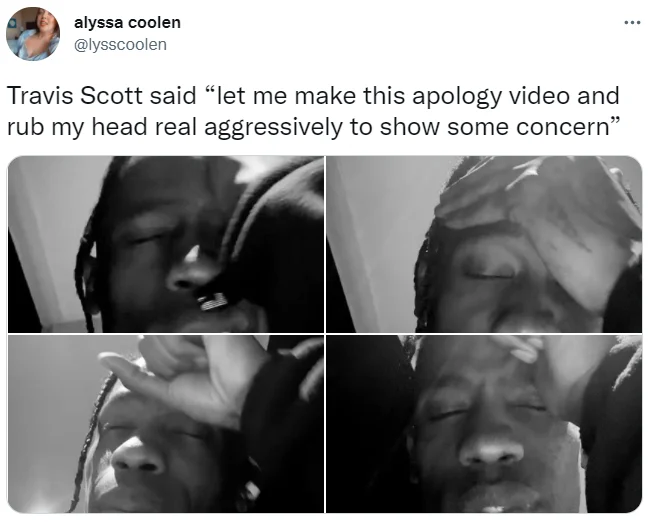 Travis Scotts Apology Video — Tweet with four-panel grid showing forehead touching from apology video.