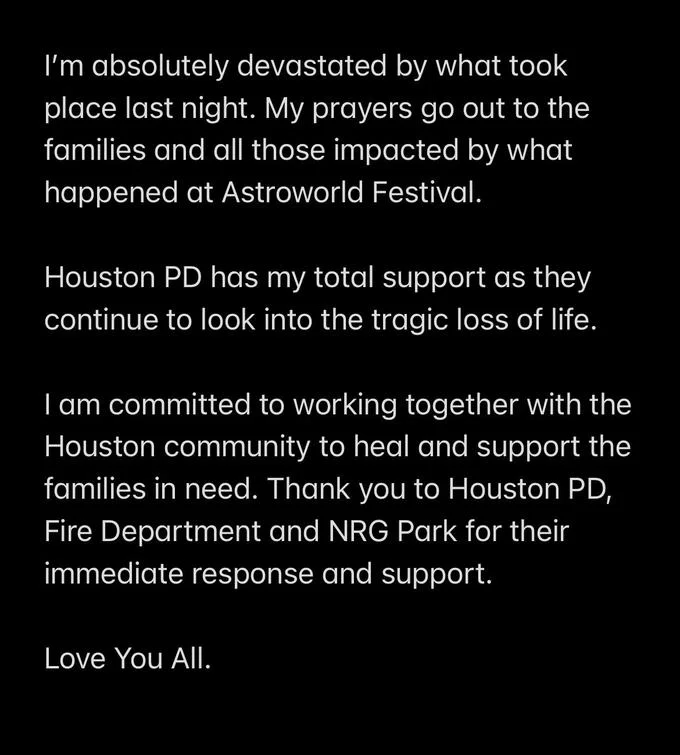 Travis Scotts Apology Video — White text on black background with Travis Scott's written Instagram statement about Astroworld.