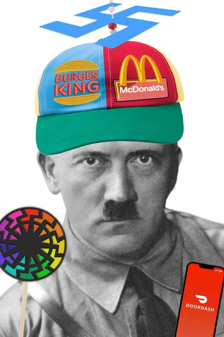 Treatler Treatlerite — Treatler collage: Hitler with fast-food cap, black-sun rainbow pinwheel, and DoorDash phone