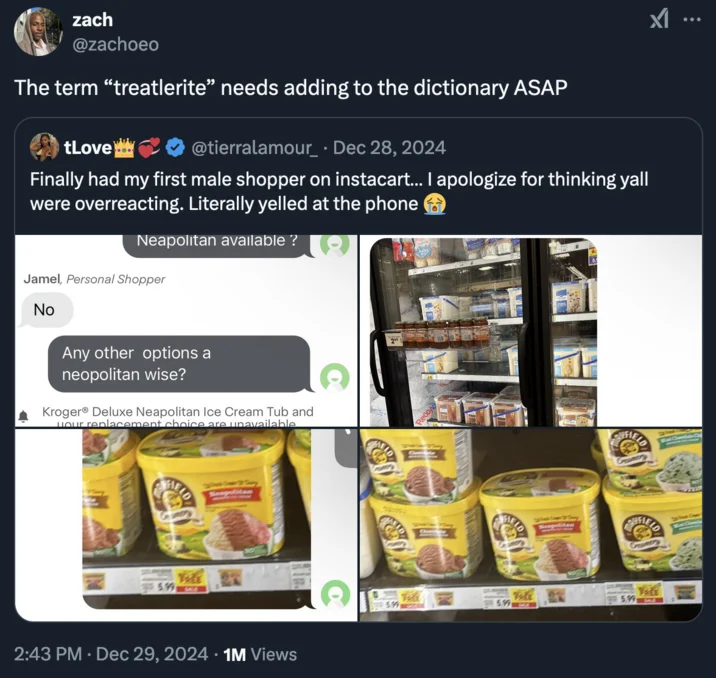 Treatler Treatlerite — X post saying treatlerite should be added to the dictionary, quoting an Instacart complaint