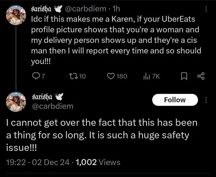 Treatler Treatlerite — X post from carbdiem complaining about male UberEats drivers as a safety issue