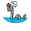 Simple cartoon illustration of green and blue Loch Ness Monster holding tree fiddy speech bubble.