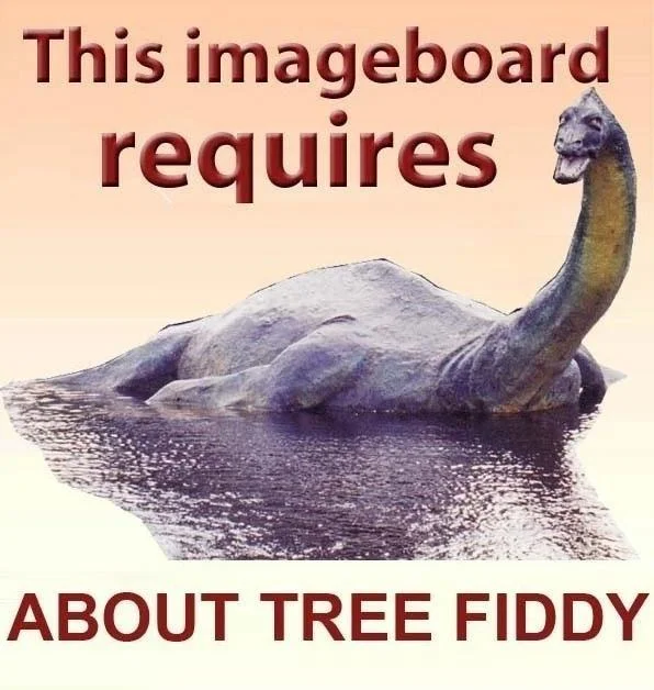 Loch Ness Monster statue with red text about imageboard requiring tree fiddy.