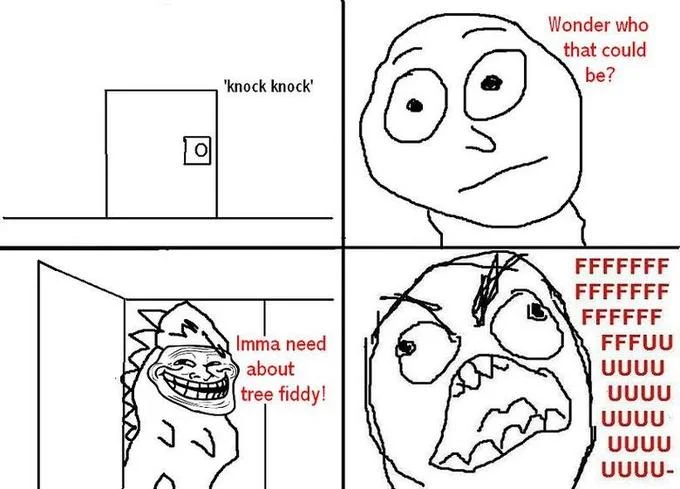 Four-panel rage comic with Troll Face Loch Ness Monster demanding tree fiddy.