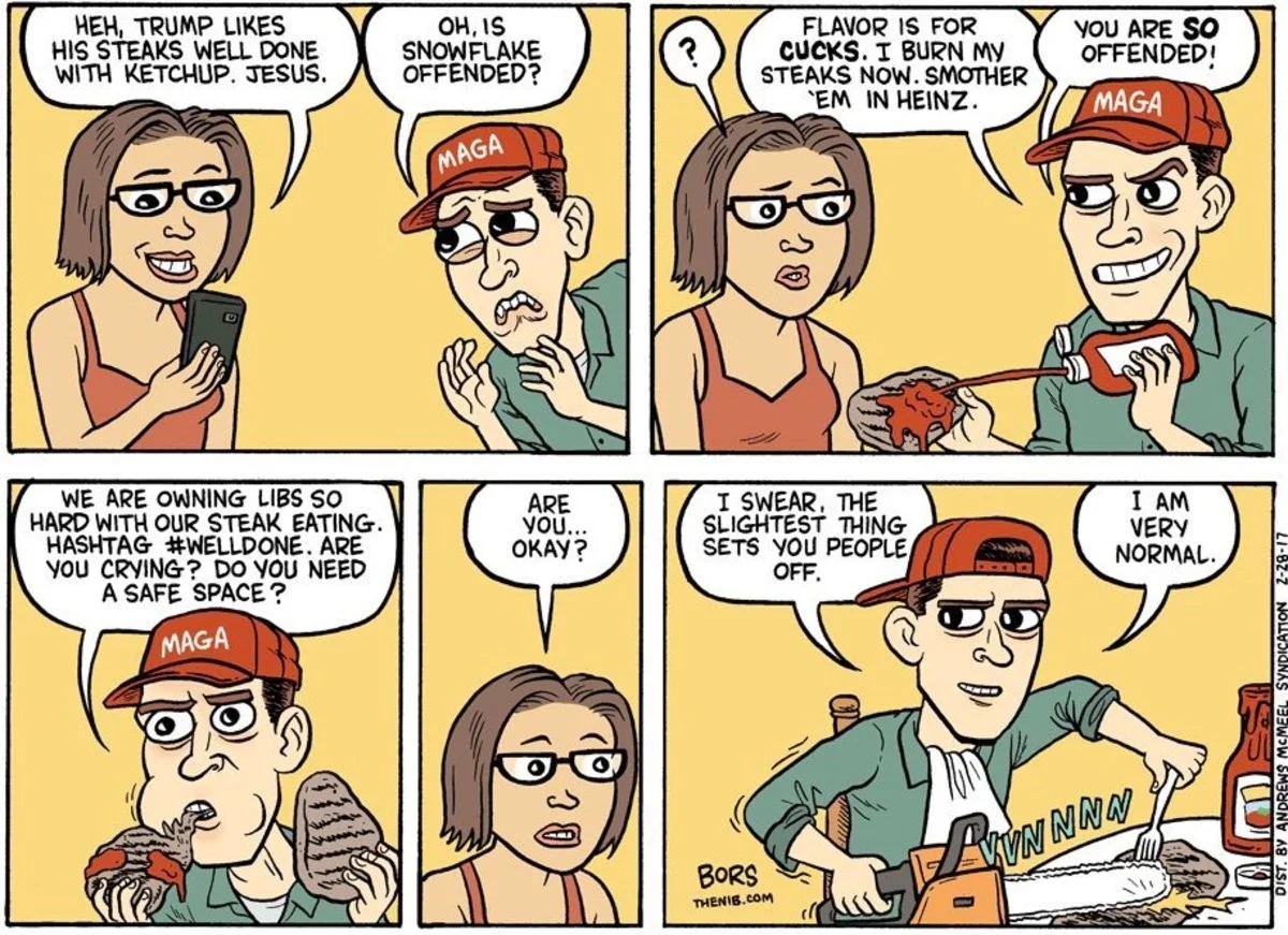 Trigger the Libs — Matt Bors comic showing a MAGA man escalating behavior to trigger a liberal woman, ending with 'I am very normal.'