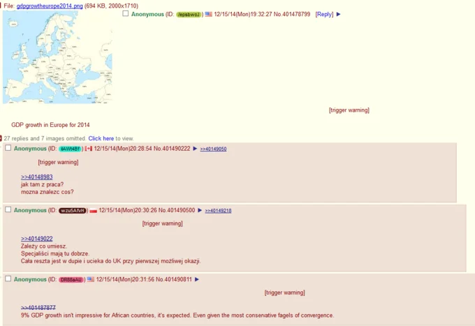 4chan thread with multiple anonymous posts prefaced by '[trigger warning]'