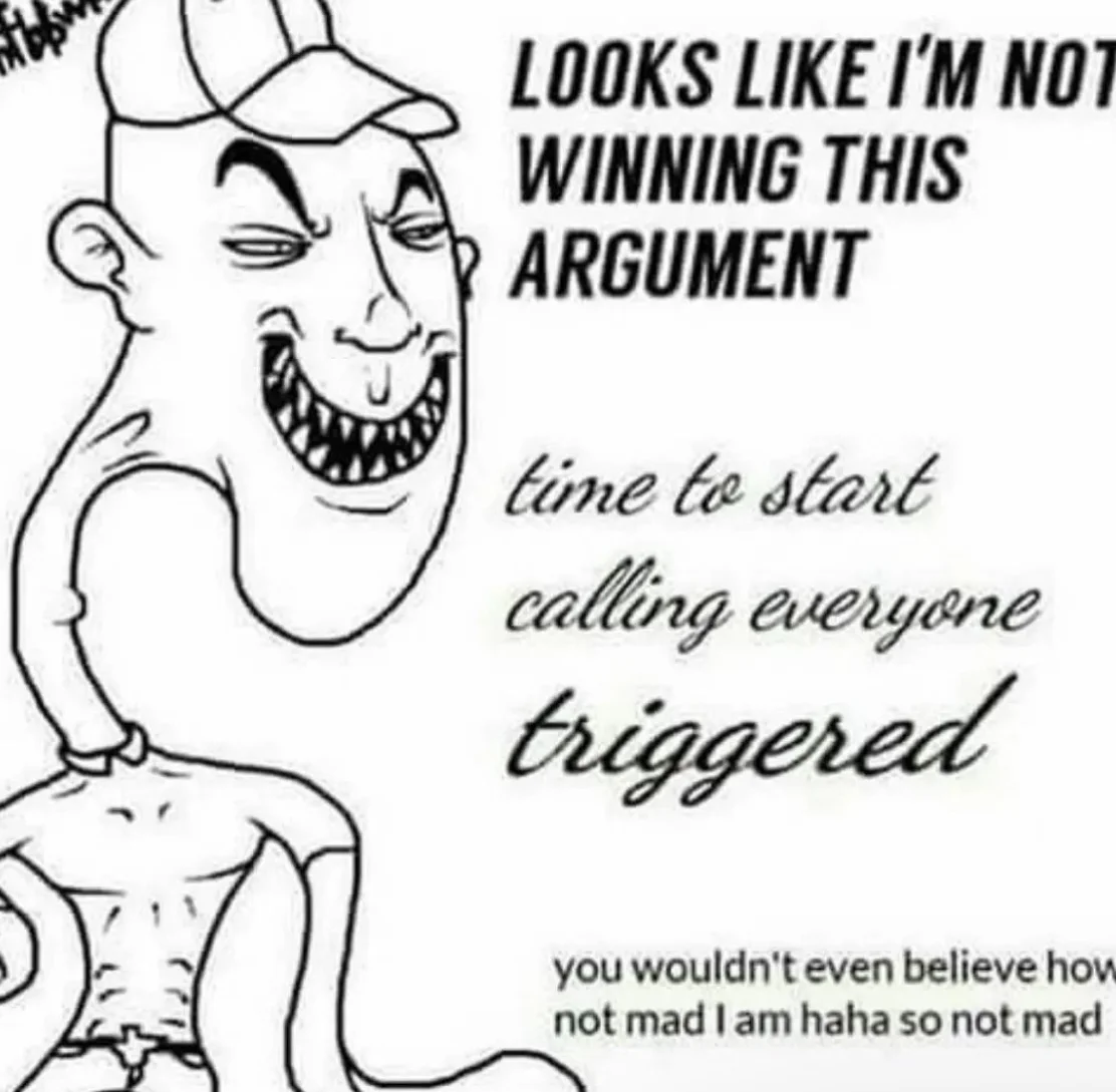 Smug cartoon man meme captioned about calling everyone triggered to win an argument