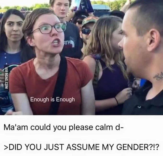 Triggered Feminist  2 — Woman with glasses wearing a red shirt with angry expression in a crowd, with text 'Enough is Enough' and 'Did you just assume my