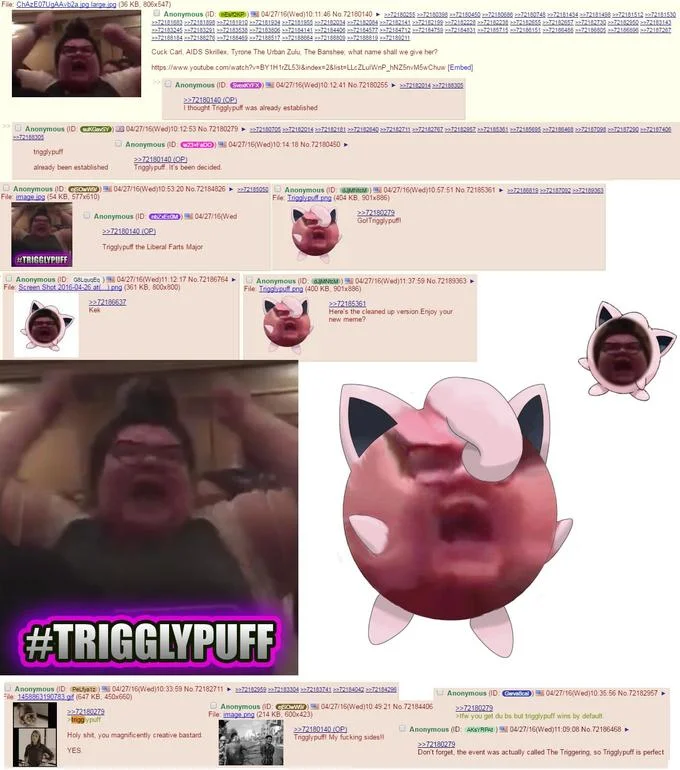 4chan thread collage showing creation of Trigglypuff meme with Jigglypuff face edits
