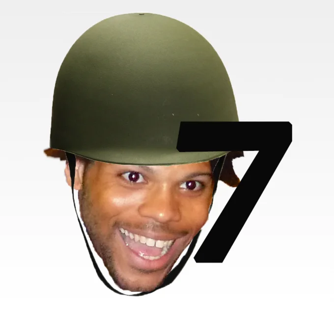 TriHard face with green army helmet next to a large number 7
