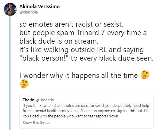 Twitter screenshot discussing racist use of the Trihard 7 emote in Twitch chat