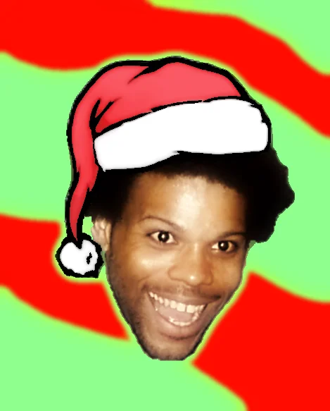 TriHard emote face wearing Santa hat on red and green Christmas background