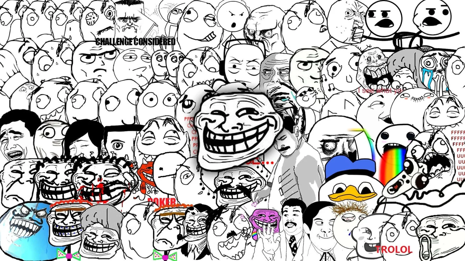 Chaotic composite image with dozens of rage comic characters including trollface throughout.