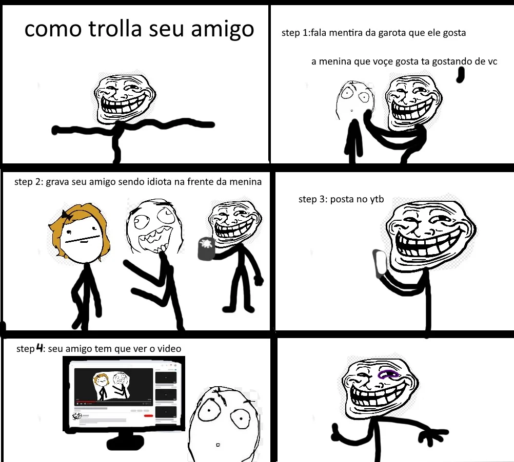 A Portuguese-language rage comic featuring trollface demonstrating a prank scenario.