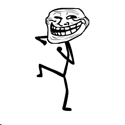 Black and white stencil-style trollface with characteristic grin on solid black background.