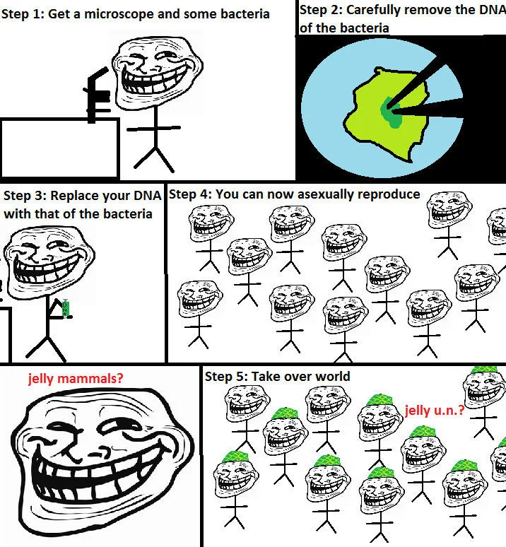 Six-panel meme titled 'How to take over world' with trollface narrating absurd scientific steps.