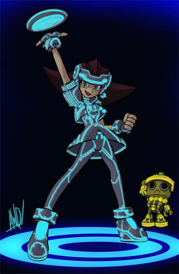Cartoon fan art of a girl in Tron-style outfit holding a glowing disc