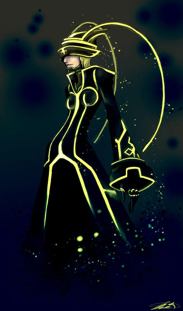 Fan art of a female character in a dark Tron suit with glowing yellow circuitry