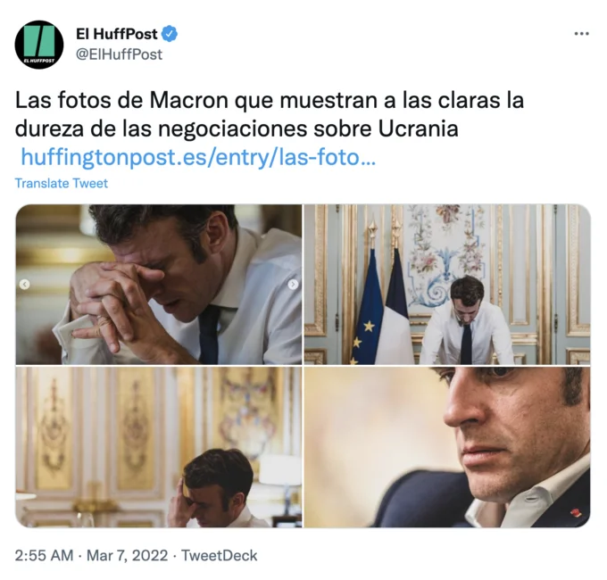El HuffPost tweet with four-image collage of troubled Macron photos in Spanish