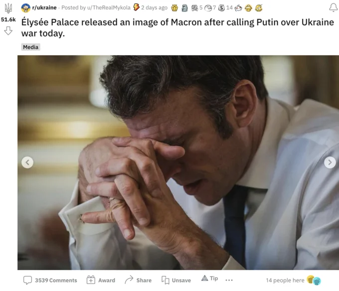 Reddit post in r/ukraine showing the troubled Macron photograph