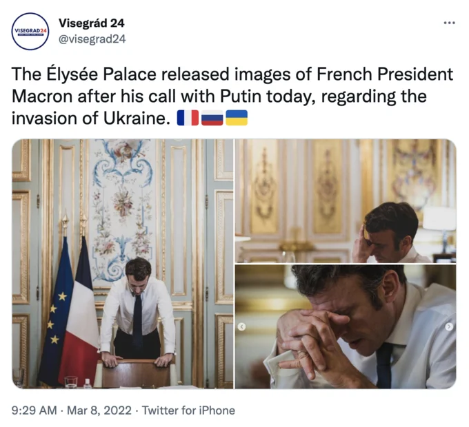 Troubled Macron — Visegrád 24 tweet collage of Macron photos after Putin call
