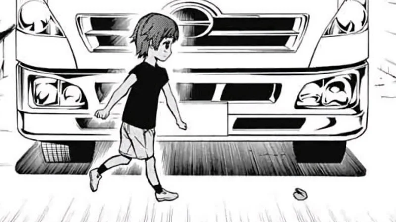 Truck Kun — Manga-style illustration of character facing an oncoming truck.