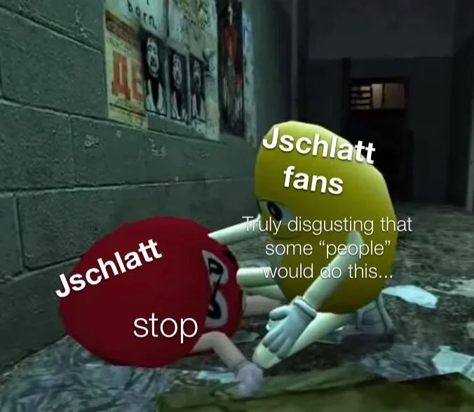 Truly Disgusting That Some People Would Do This Horrible Thing — M&M characters in video game engine with copypasta text confronting Jschlatt.