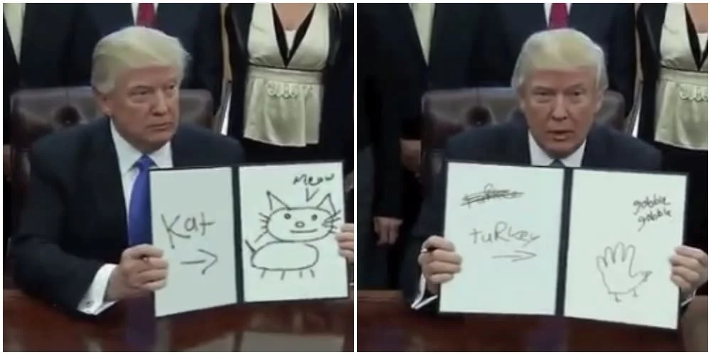 Trump and the executive order signature — Split-panel image of Trump holding pages covered with crude drawings and childish scribbles about executive orders.