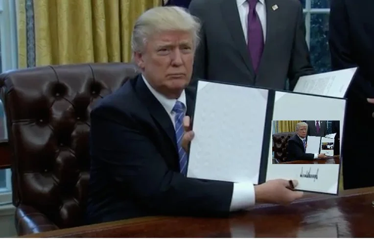 Trump and the executive order signature — Trump at presidential desk holding and examining document representing source photo for crude scribble variation.