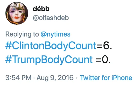 Twitter post comparing Clinton Body Count to Trump Body Count from 2016.