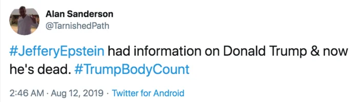 Twitter post referencing Epstein and Trump Body Count hashtag.