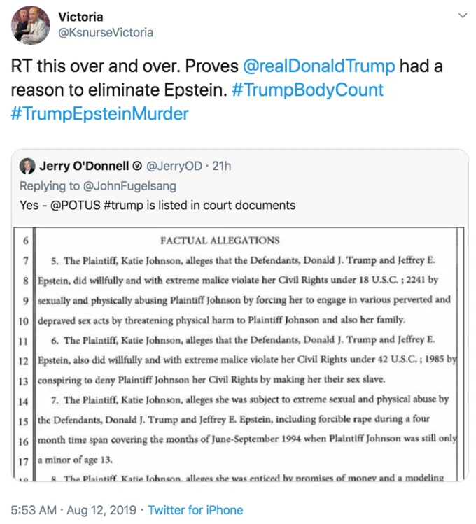 Trump Body Count — Twitter post claiming Trump had motive regarding Epstein.