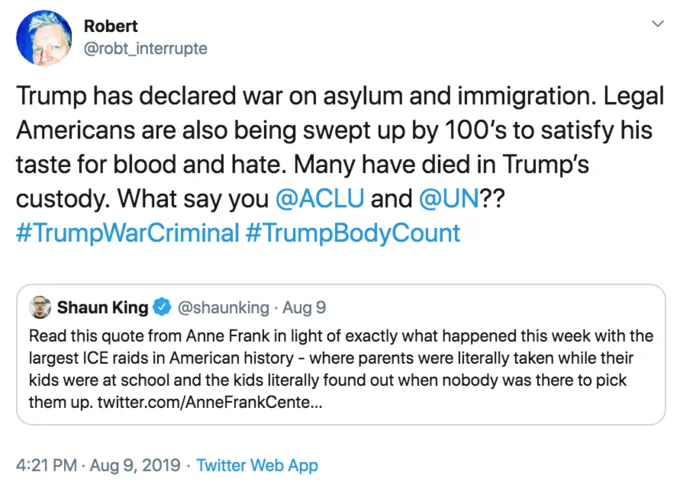 Trump Body Count — August 2019 Twitter post applying hashtag to ICE custody deaths.
