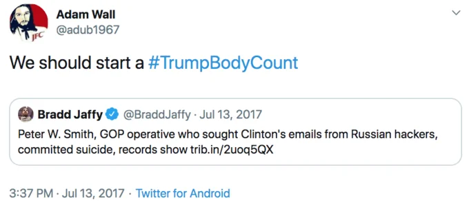 Twitter post from July 2017 proposing Trump Body Count hashtag.