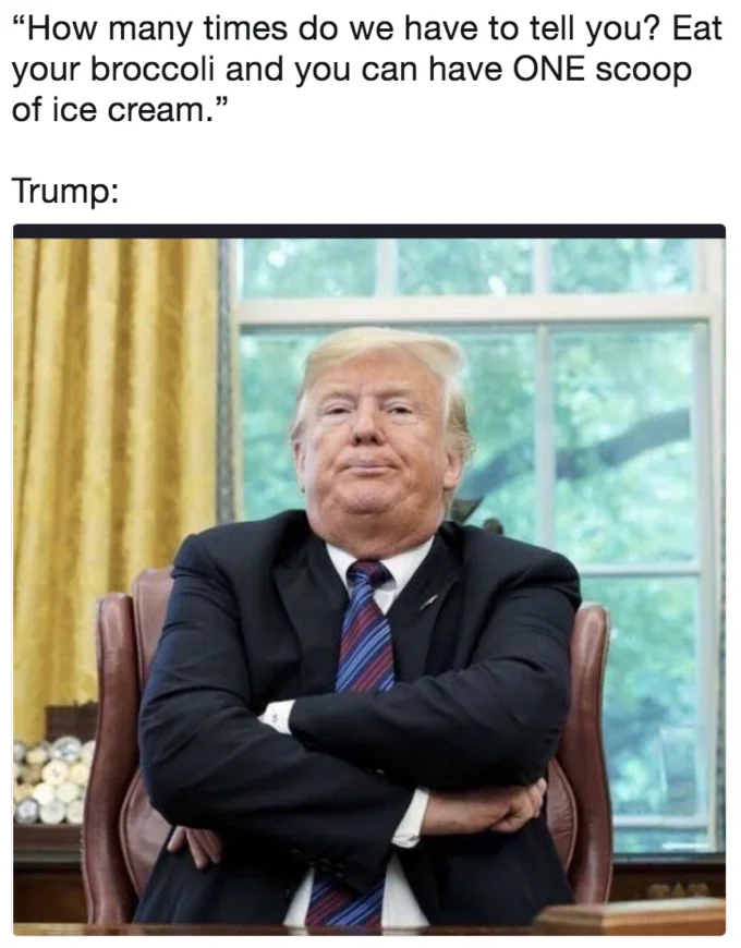 Trump Calling Enrique Pena Nieto — Trump seated with arms crossed with joke text about broccoli and ice cream.