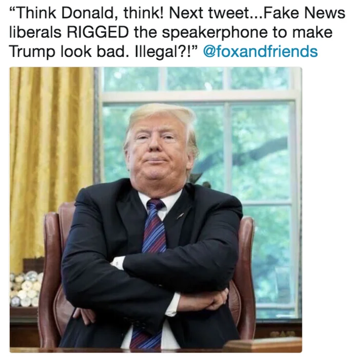 Trump Calling Enrique Pena Nieto — Trump with arms crossed and text overlay claiming speakerphone was rigged.