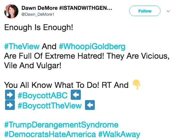 Trump Derangement Syndrome (TDS) — Dawn DeMore tweet attacking The View and Whoopi Goldberg with Trump Derangement Syndrome hashtag