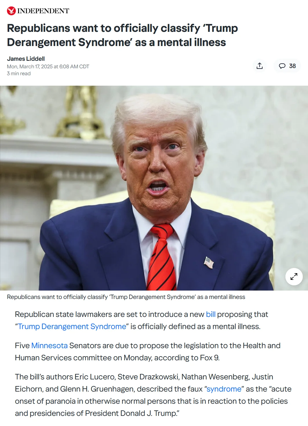 Trump Derangement Syndrome (TDS) — Independent news article headline about Republicans wanting to classify TDS as a mental illness with photo of Trump