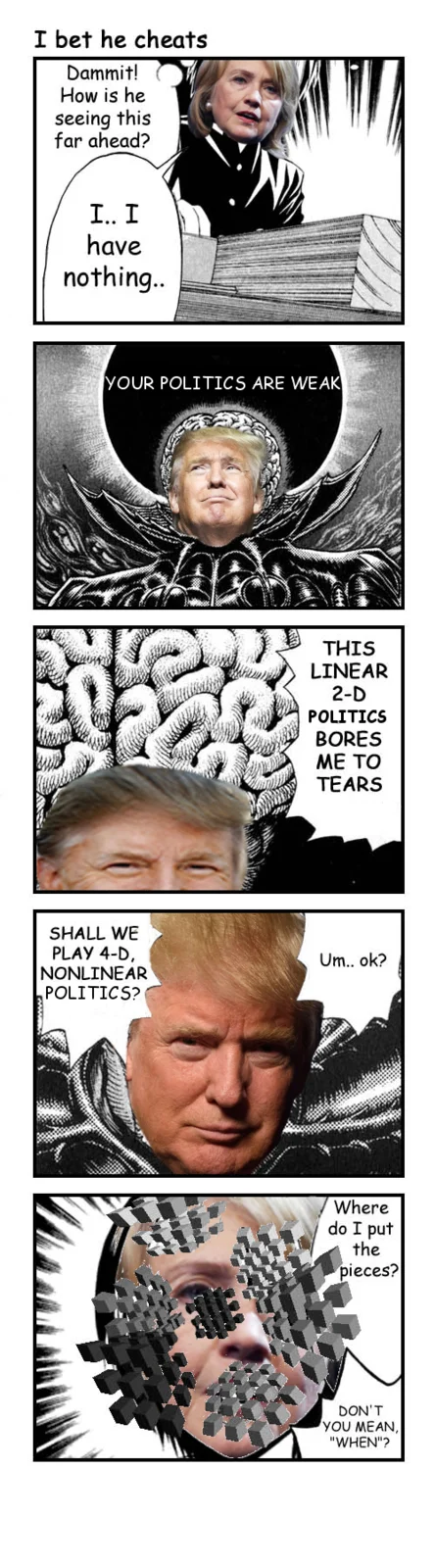 Trump Is Playing 4D Chess — Comic strip meme satirizing Trump's superior political strategy.