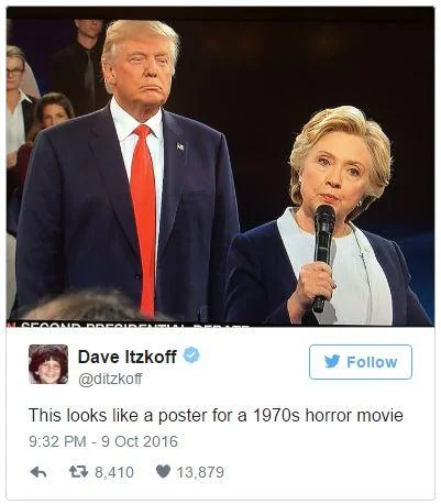 Trump Lurking Behind Clinton — Twitter screenshot comparing Trump behind Clinton to 1970s horror movie poster.