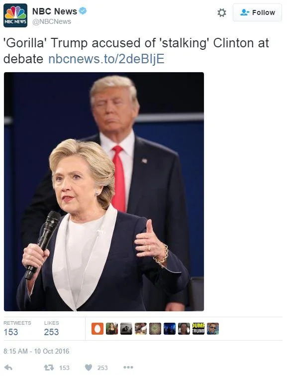 Trump Lurking Behind Clinton — NBC News screenshot of Trump standing behind Clinton with stalking headline.