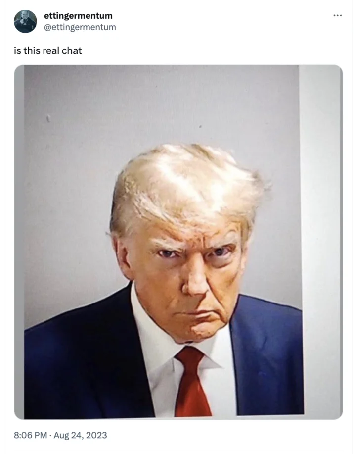 Trump Mugshot — Twitter post questioning mugshot authenticity during viral moment.