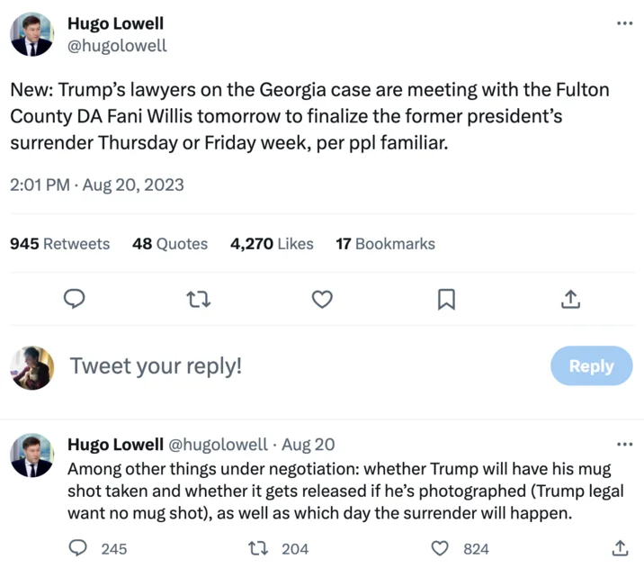 Trump Mugshot — Twitter post by Hugo Lowell discussing Trump's mugshot release.