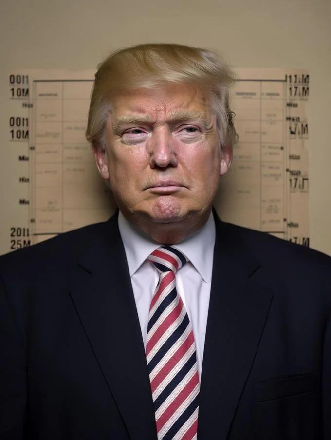 Trump Mugshot — Professional mugshot with measurement scale and tan background.