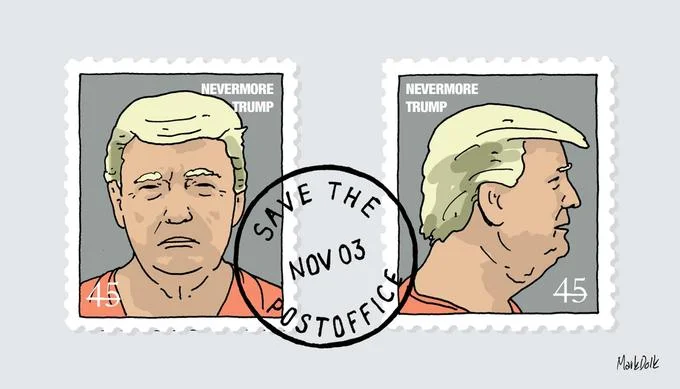 Trump Mugshot — Cartoon parody of Trump as postage stamps in orange prison outfit.