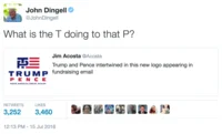 Trump Pence Logo — Composite tweets from John Dingell and Jim Acosta about interlocked letters.