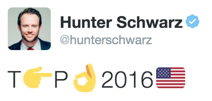 Trump Pence Logo — Tweet from Hunter Schwarz using emojis to mimic sexual implication.