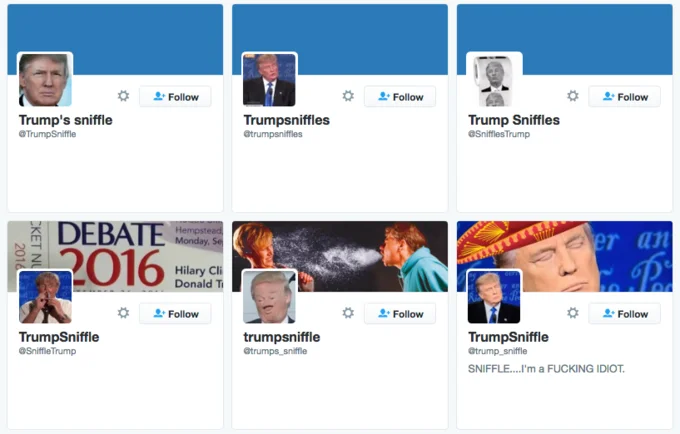 Trump Sniffles — Grid of six parody Twitter profiles named after Trump's sniffles