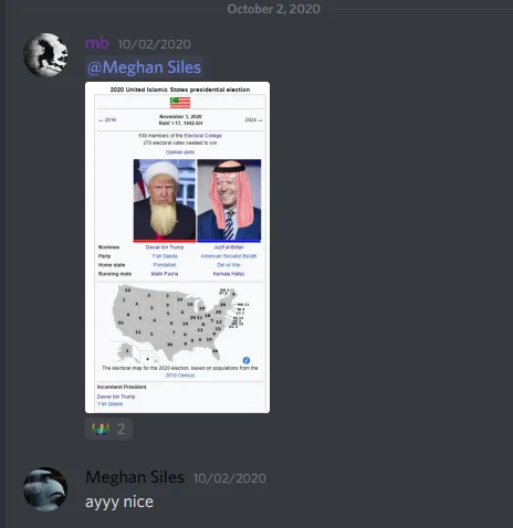 Trump Vs Biden Election Parodies — Discord screenshot showing Islamic States parody election shared.
