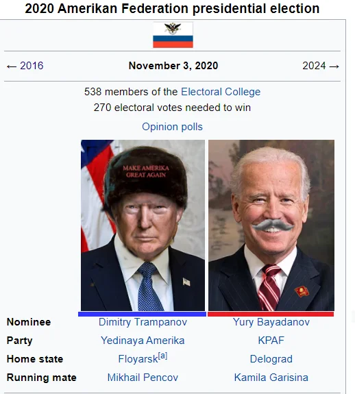Trump Vs Biden Election Parodies — Russian Federation parody with Trump in ushanka and Biden with mustache.